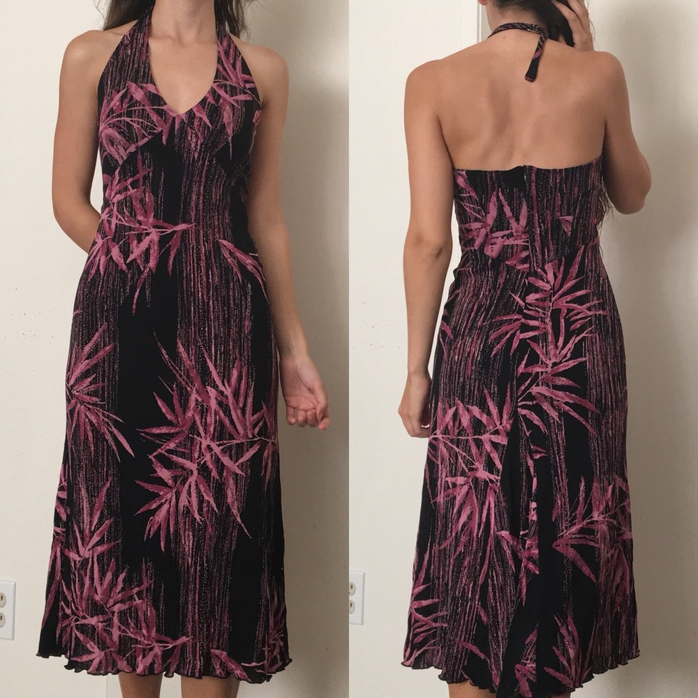 BEBE halter top palm patterned midi dress sz S